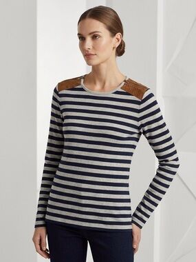 Lauren Ralph Lauren- Striped Long-Sleeve Top with Shoulder Detail